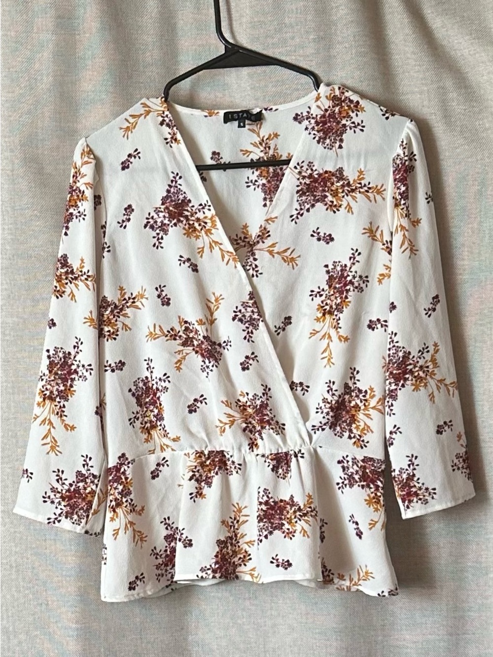 1. State•surplice peplum top•small•polyester•cream/purple/gold floral•3/4 sleeve